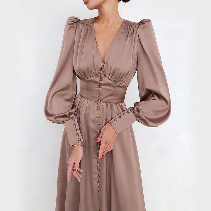 Fitted satin dress with balloon sleeves – Elegant evening dress