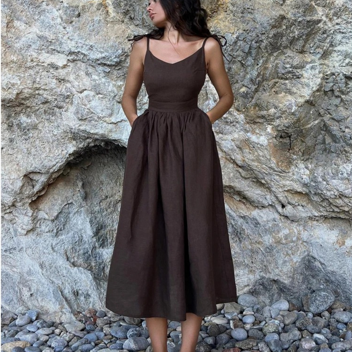 Women's linen dress with button placket and loose fit for summer