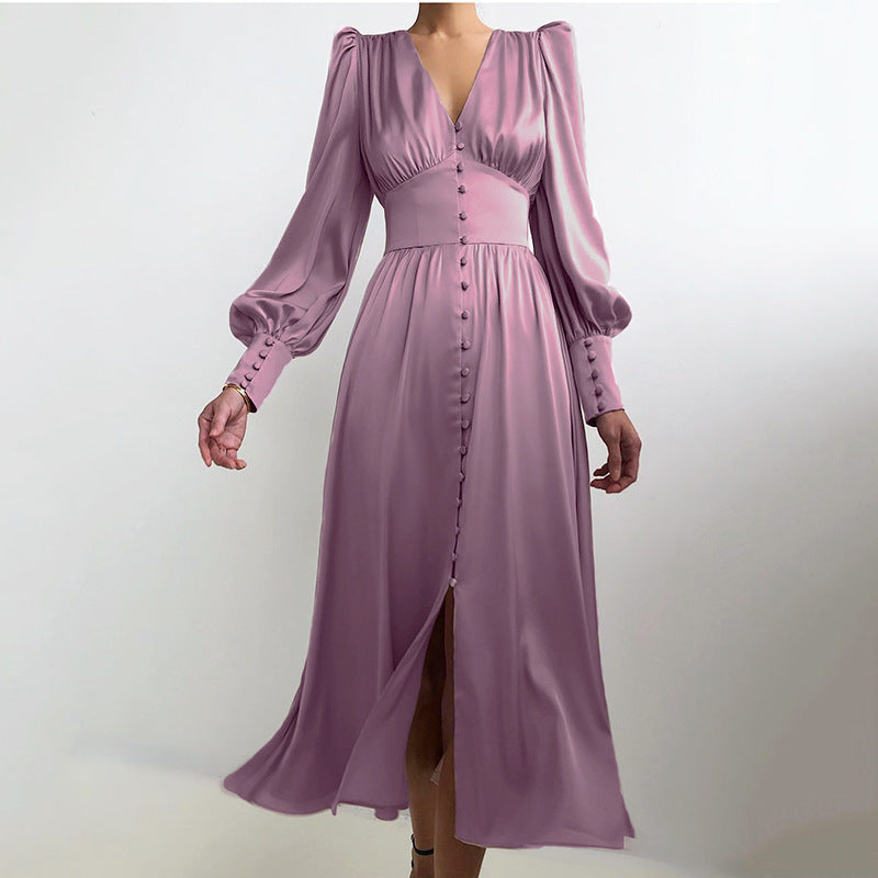 Fitted satin dress with balloon sleeves – Elegant evening dress