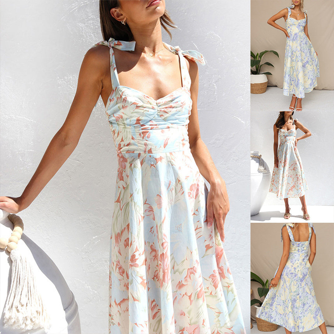 Floral summer midi dress – sleeveless, tie straps, lightweight material