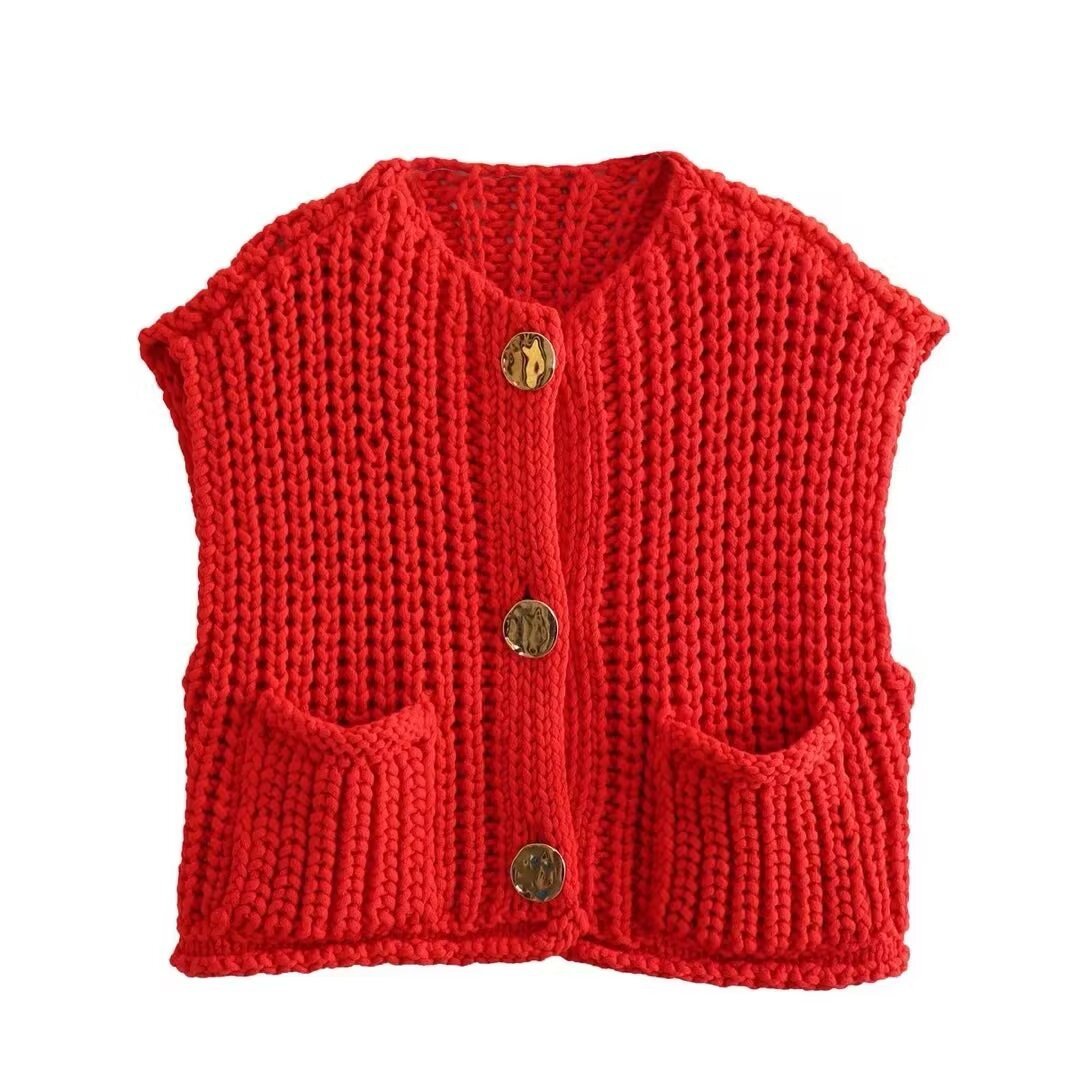 Ärmellose Strickweste Damen Hochwertig Elegant mit Seitentaschen