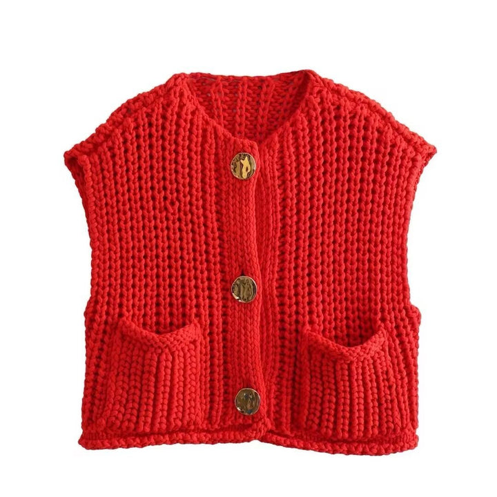 Ärmellose Strickweste Damen Hochwertig Elegant mit Seitentaschen