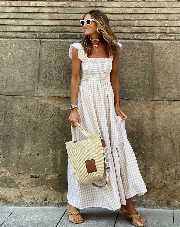 Women's Maxi Dress Cotton Gingham Ruffle Sleeves Elegant Summer Look