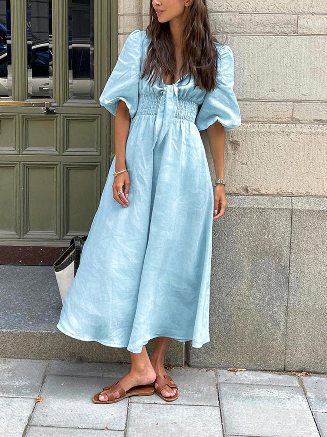 Linen-cotton midi dress with front tie – summer dress for women