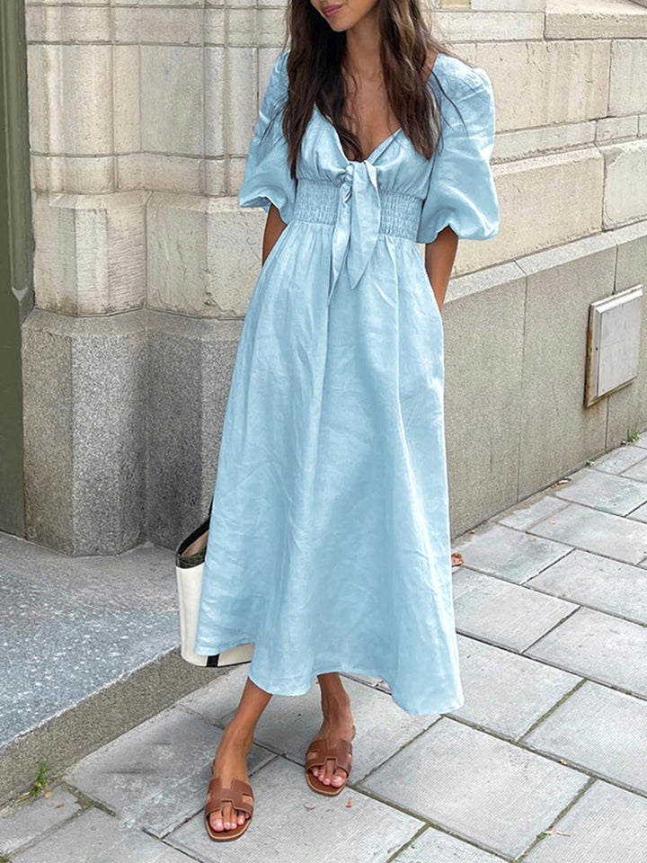 Linen-cotton midi dress with front tie – summer dress for women