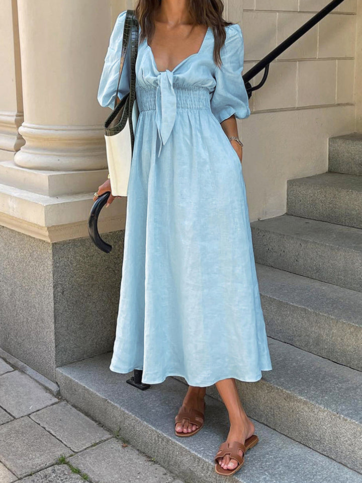 Linen-cotton midi dress with front tie – summer dress for women