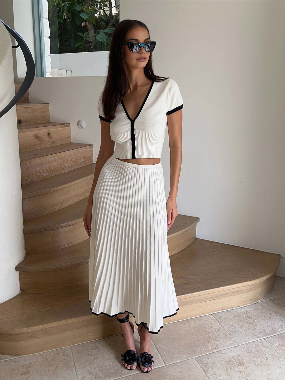 Two-piece knit set women – contrast trim & pleated skirt