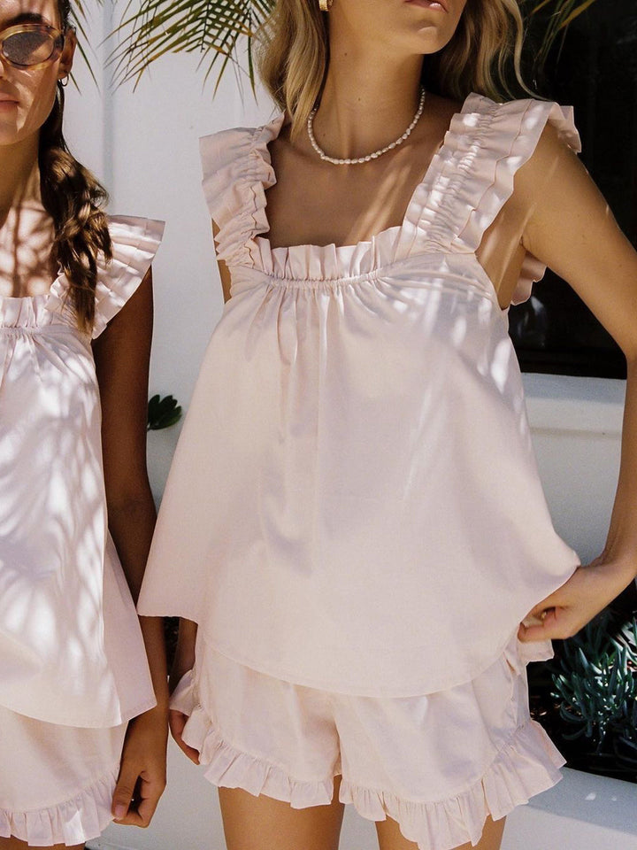 Two-piece women's summer outfit: ruffle top & shorts made of organic cotton