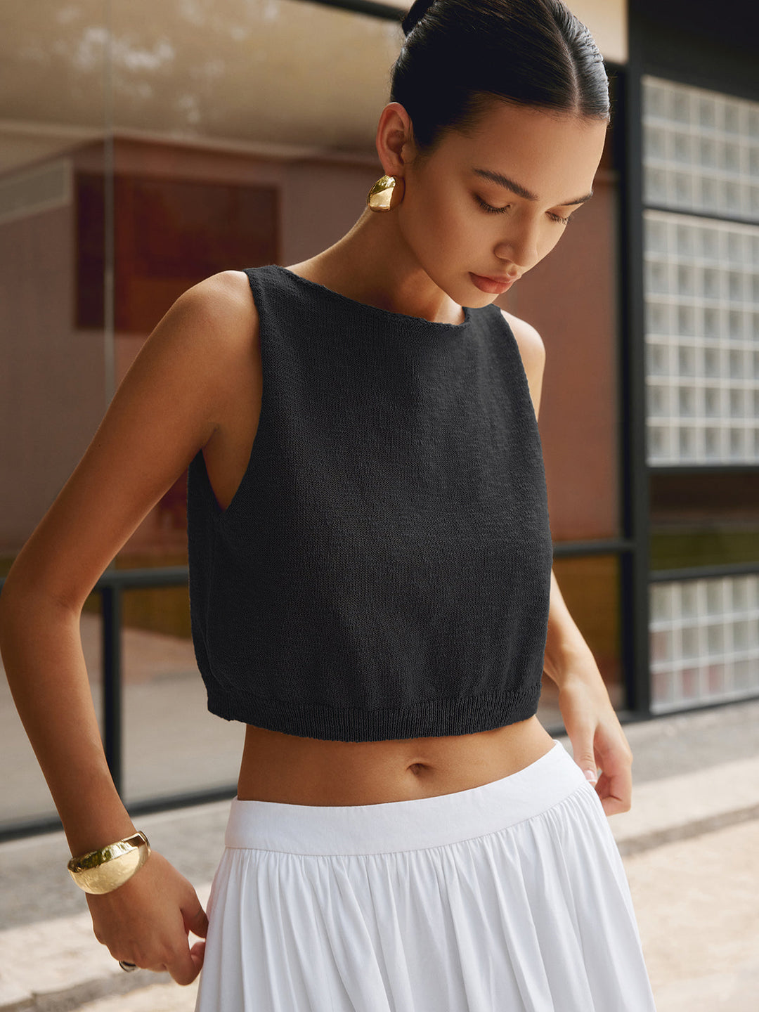 Women's Crop Tank Top made of Cotton Blend – Sleeveless Knit Top