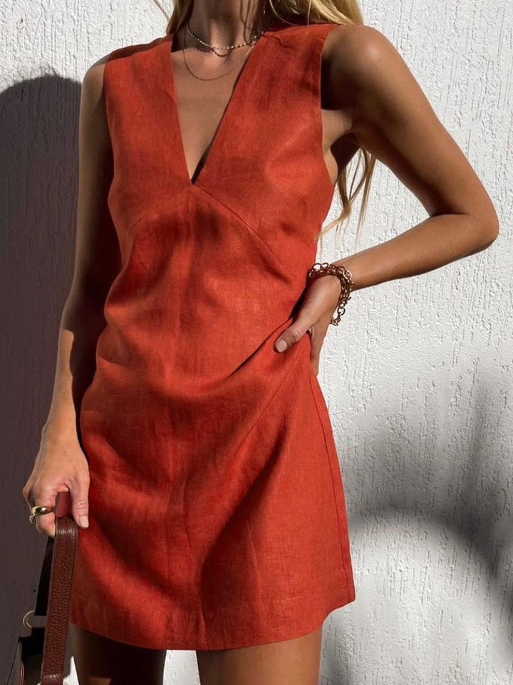 Sleeveless Cotton-Linen V-Neck Mini Dress – Summer Casual