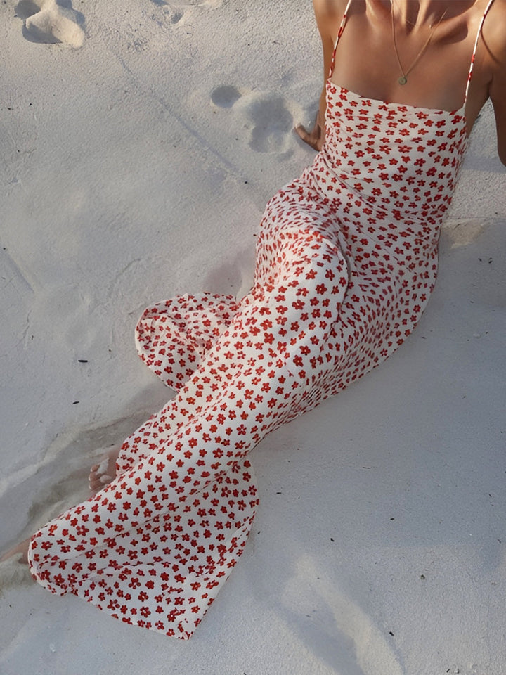 Long flower dress – backless with crossed straps