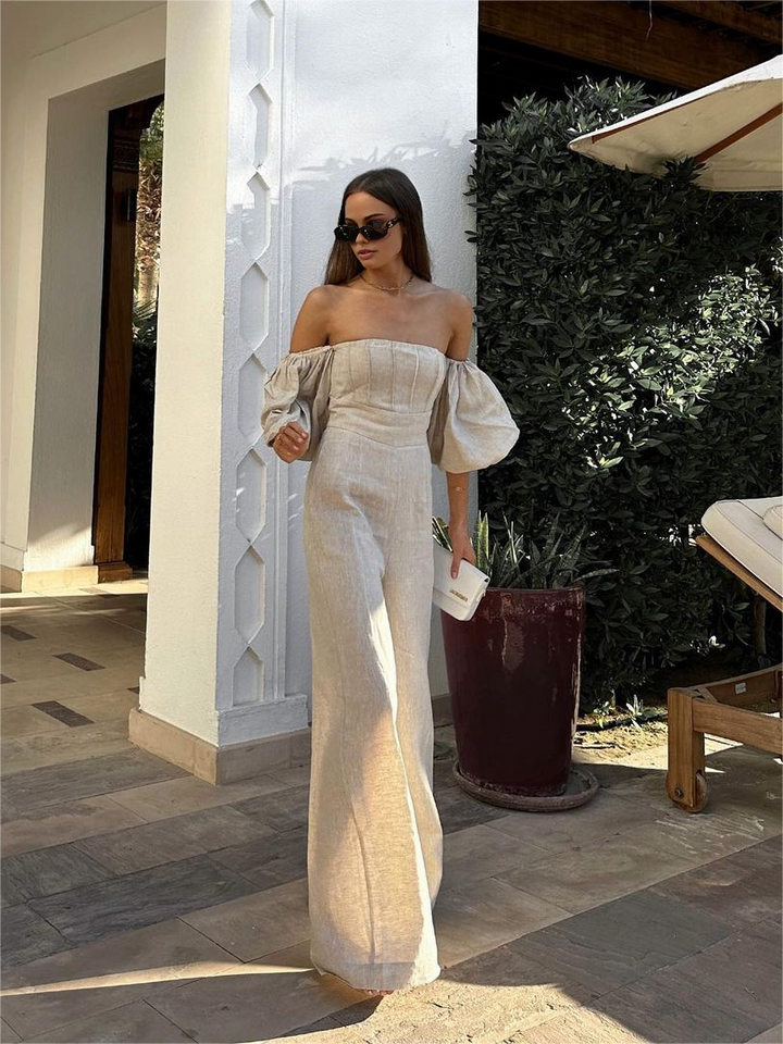 Breathable Linen-Blend Jumpsuit with Puff Sleeves – Elegant Women's Fashion