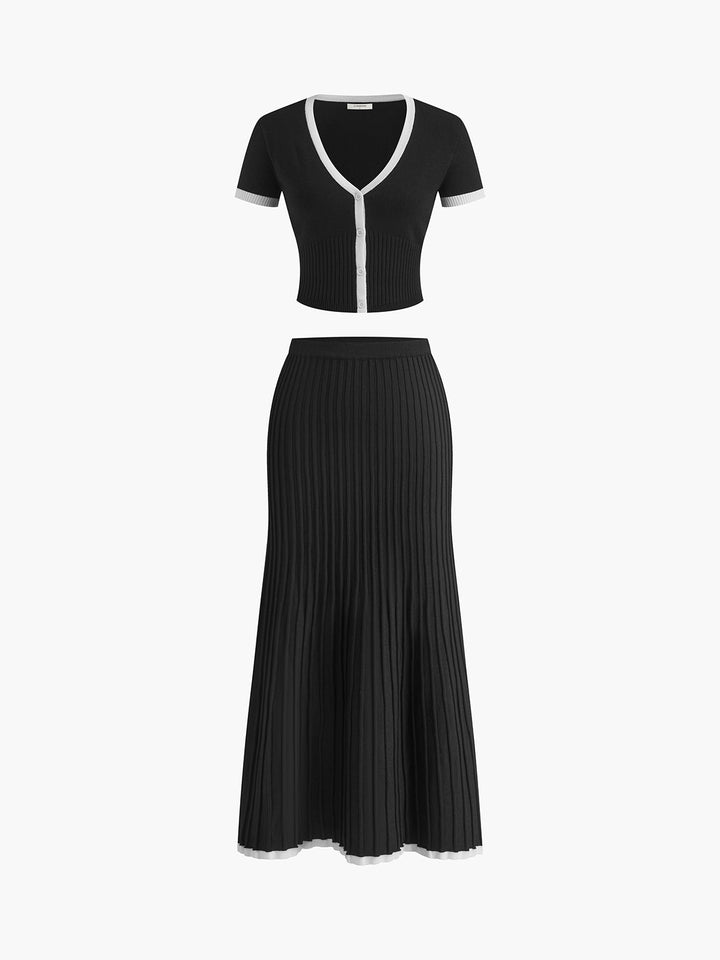 Two-piece knit set women – contrast trim & pleated skirt