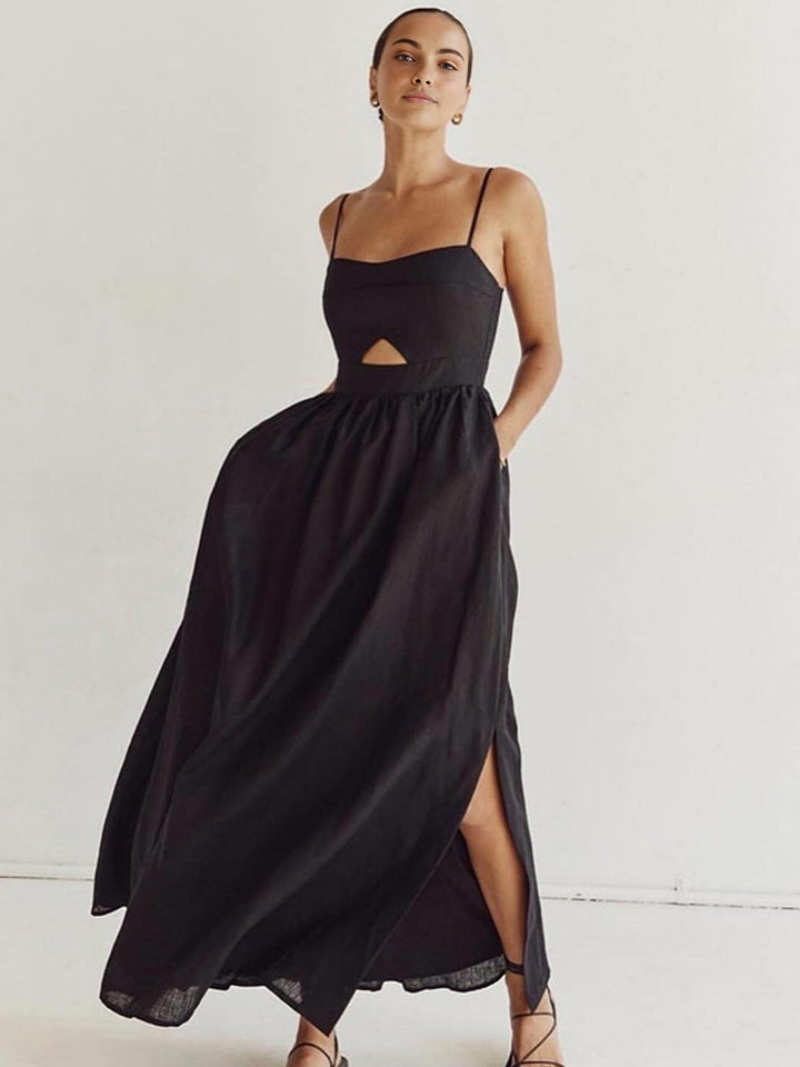 Maxi dress made of cotton with cut-outs and pockets – sleeveless, elegant