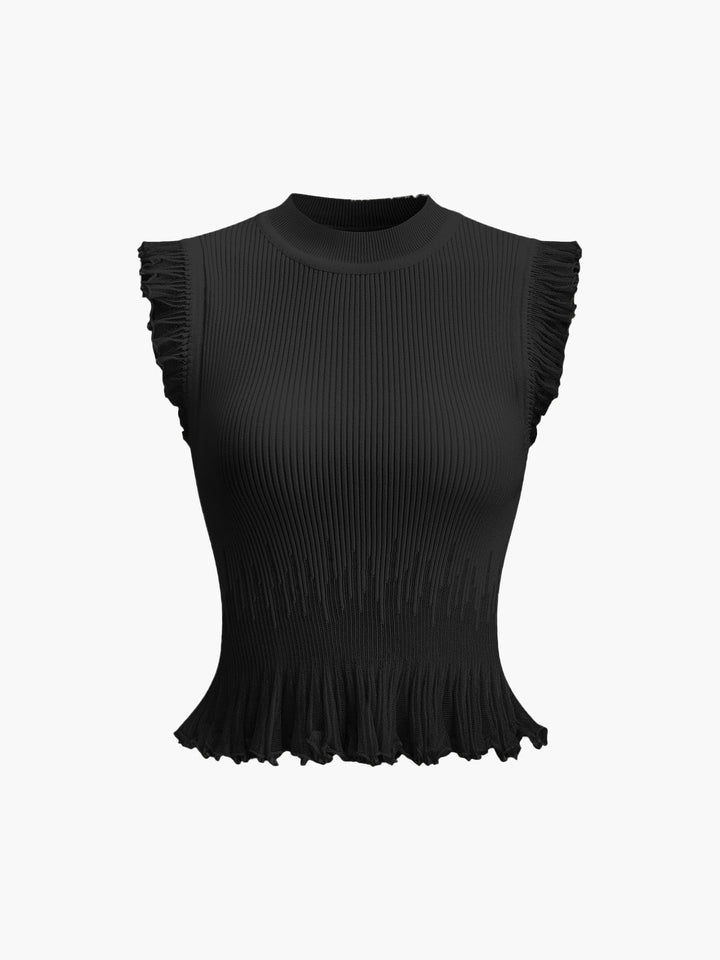 Ribbed Crop Top with Ruffles – Beige – Summer Women's Top