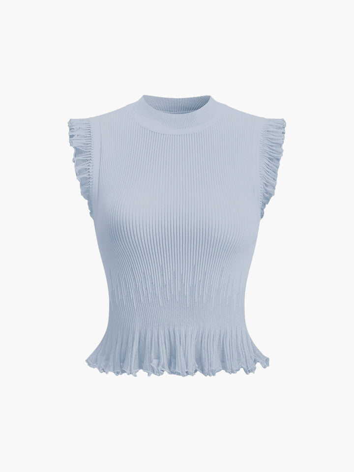 Ribbed Crop Top with Ruffles – Beige – Summer Women's Top