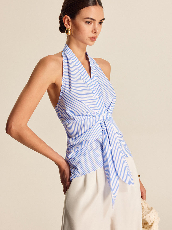 Striped Halter Top Women – Summer Crop Top with V-Neckline