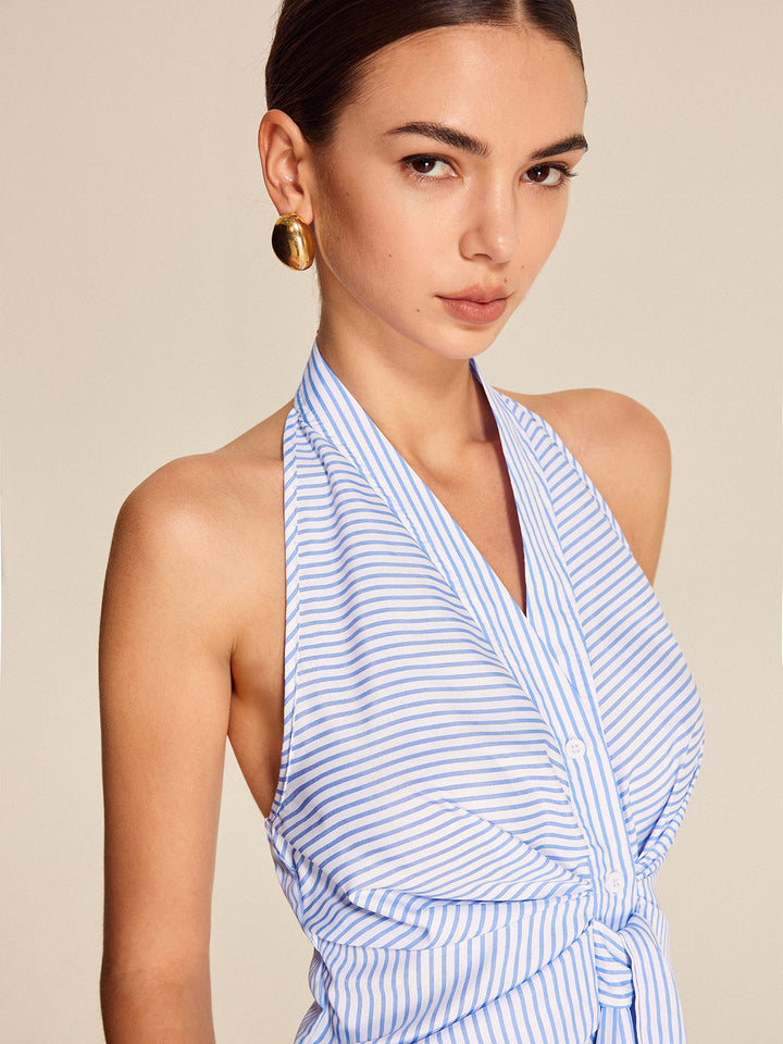 Striped Halter Top Women – Summer Crop Top with V-Neckline