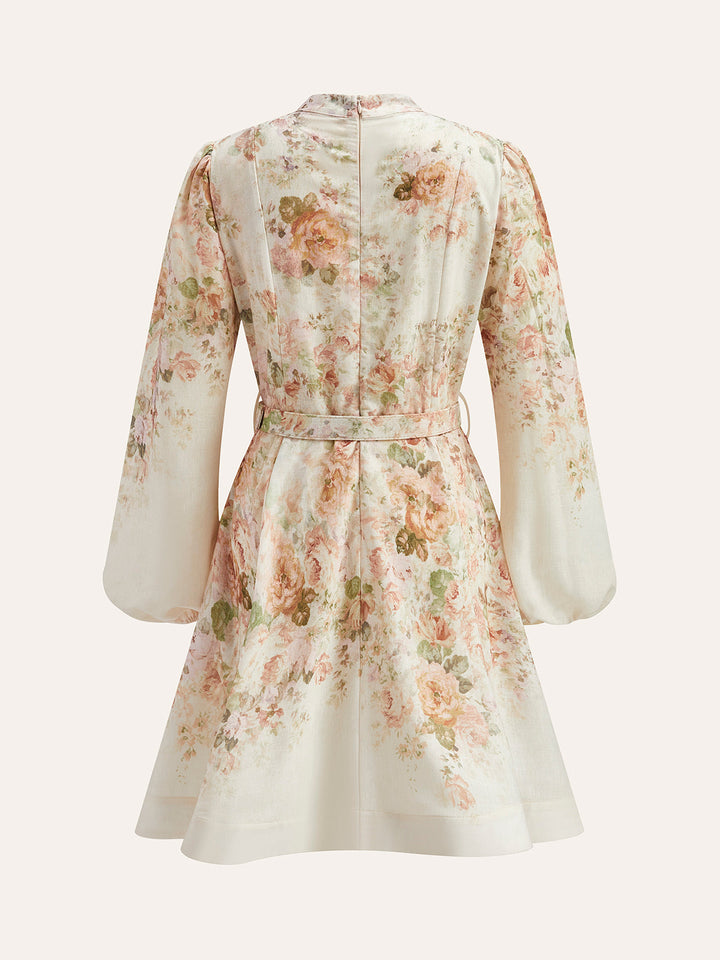 Linen dress with puff sleeves & floral pattern