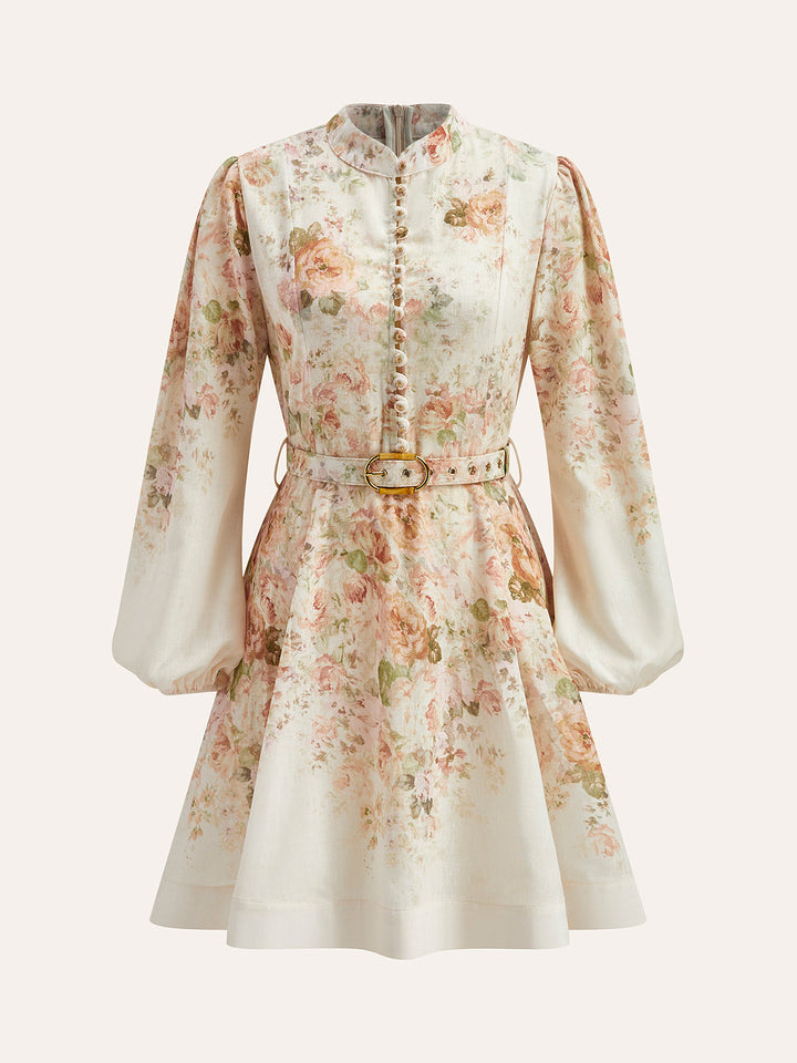 Linen dress with puff sleeves & floral pattern