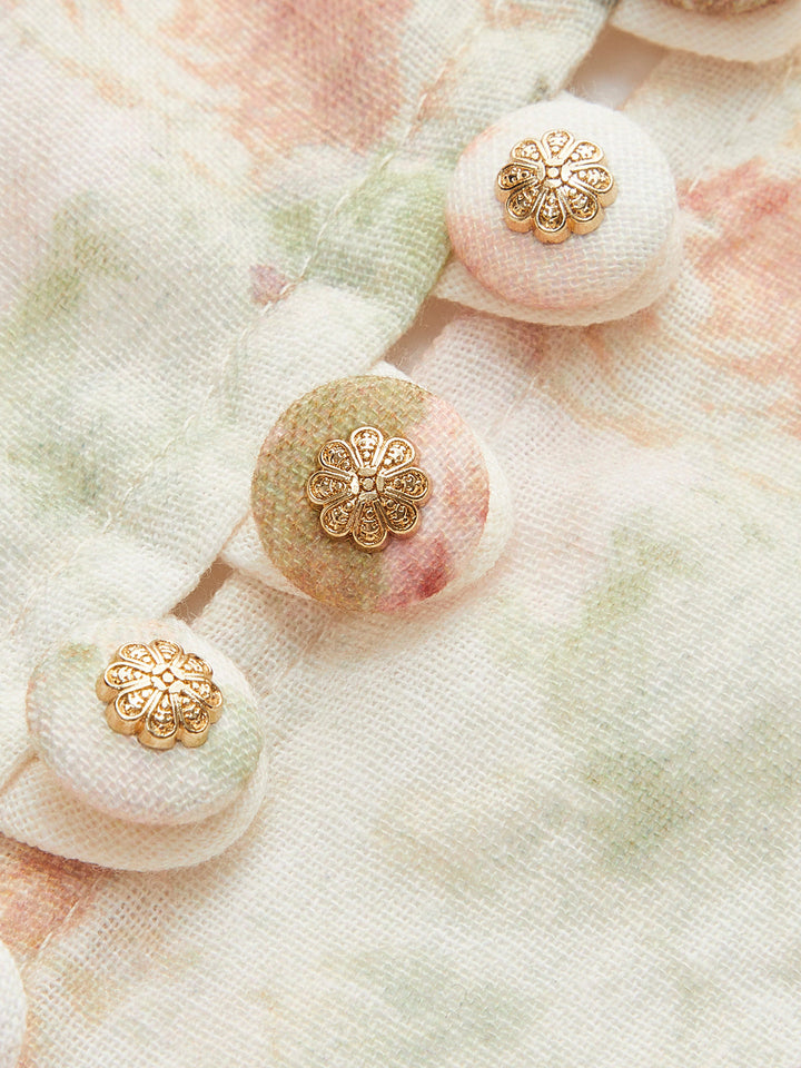 Linen dress with puff sleeves & floral pattern