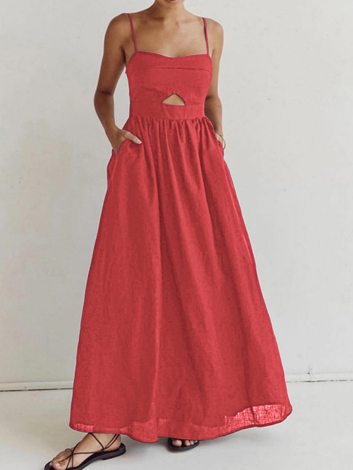 Maxi dress made of cotton with cut-outs and pockets – sleeveless, elegant