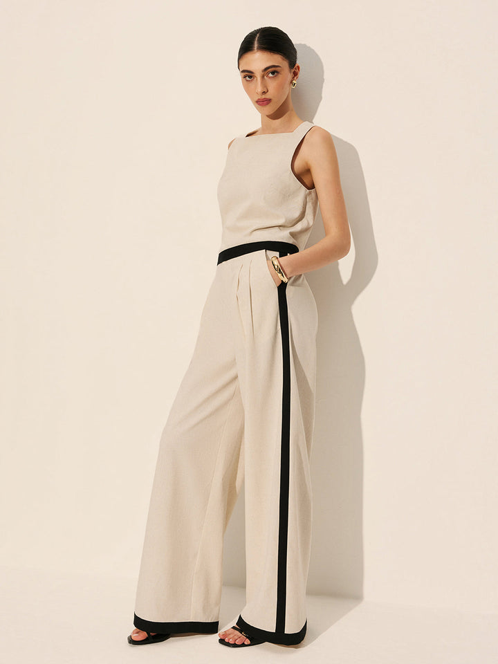 Linen-cotton pants with contrast seam and zipper
