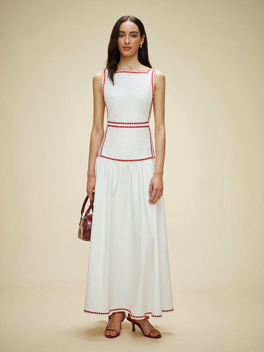 Women's maxi dress made of cotton with contrast trim & back bow