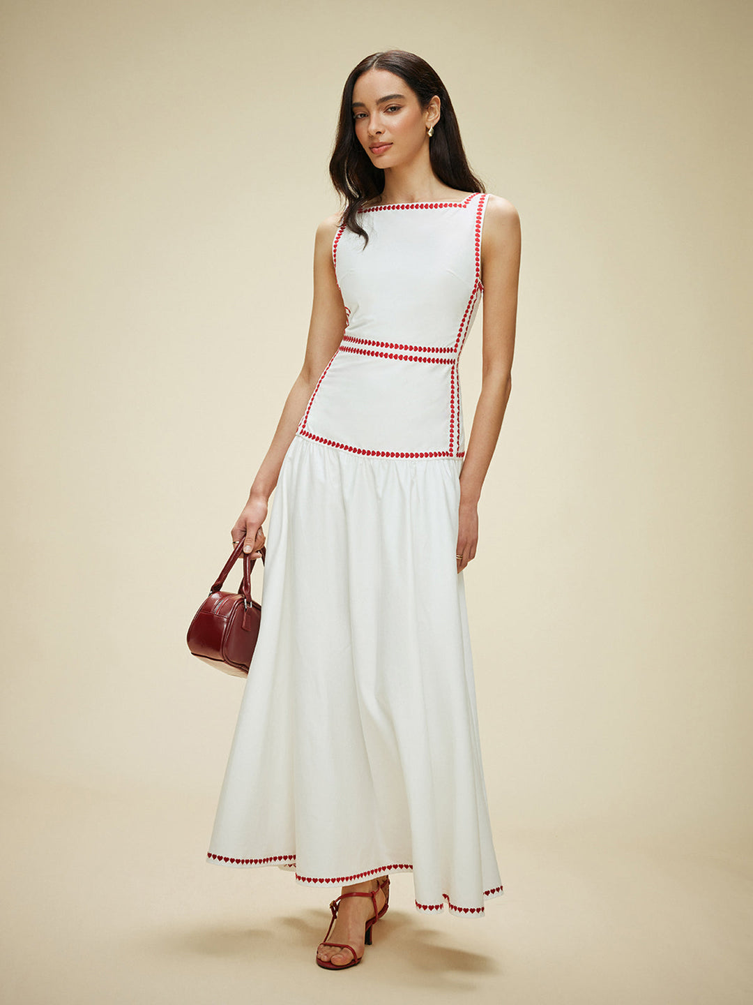 Women's maxi dress made of cotton with contrast trim & back bow