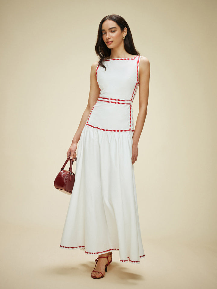Women's maxi dress made of cotton with contrast trim & back bow