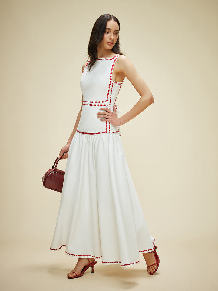 Women's maxi dress made of cotton with contrast trim & back bow