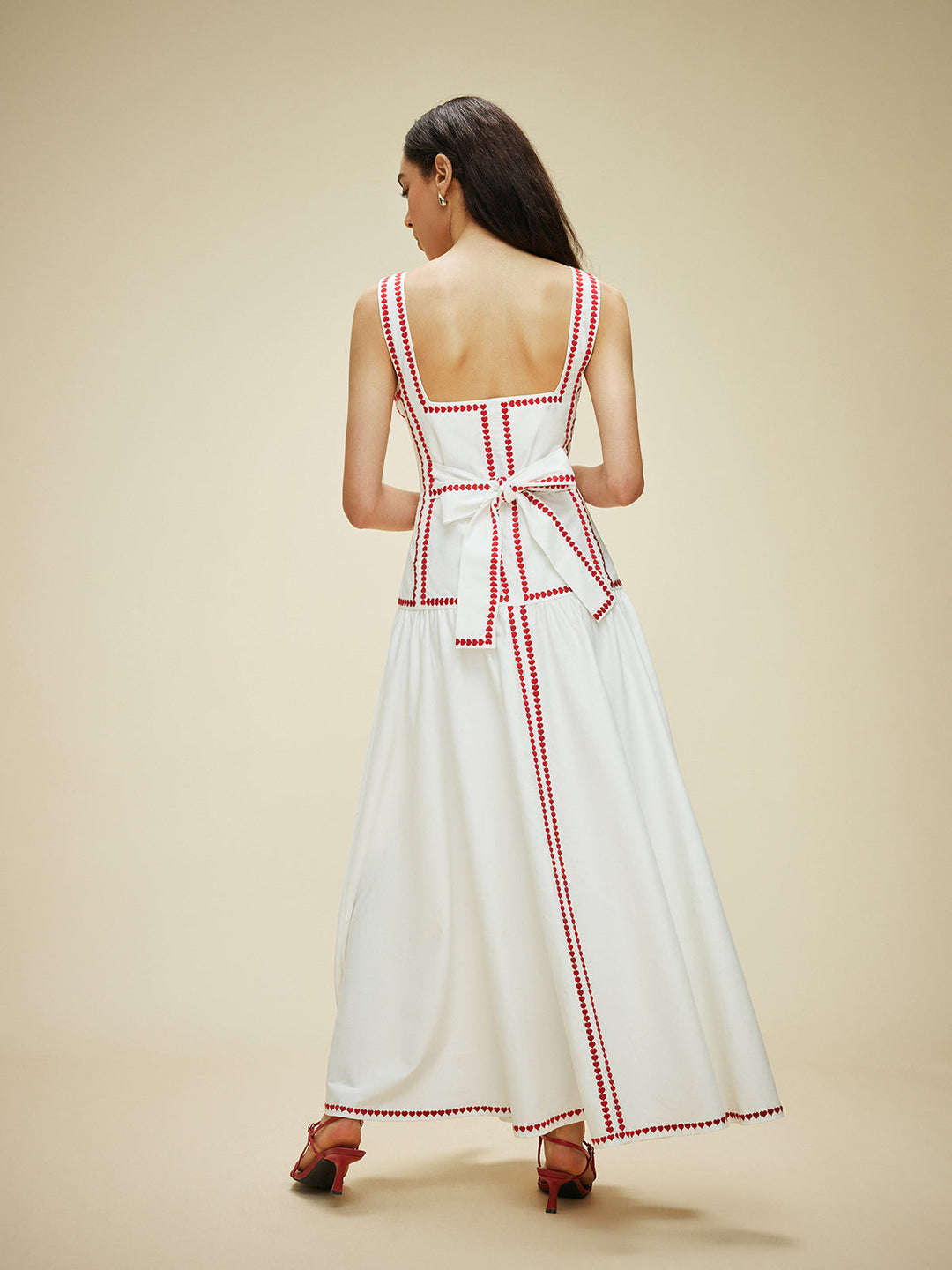 Women's maxi dress made of cotton with contrast trim & back bow