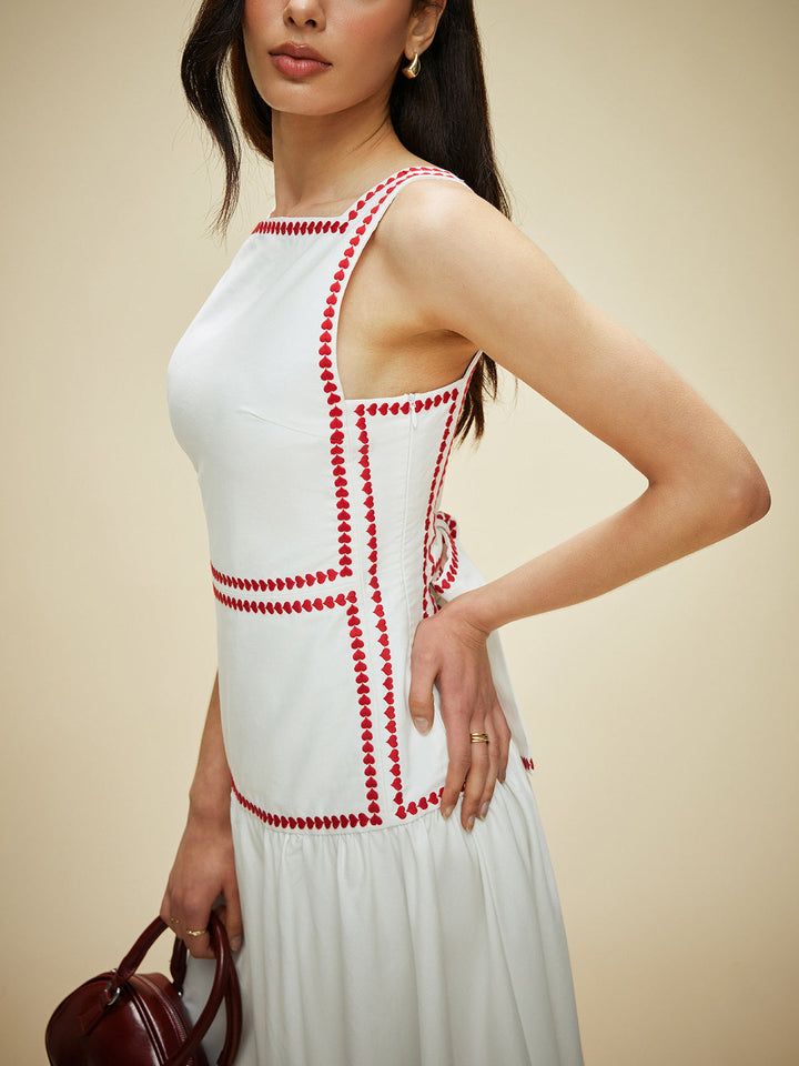 Women's maxi dress made of cotton with contrast trim & back bow