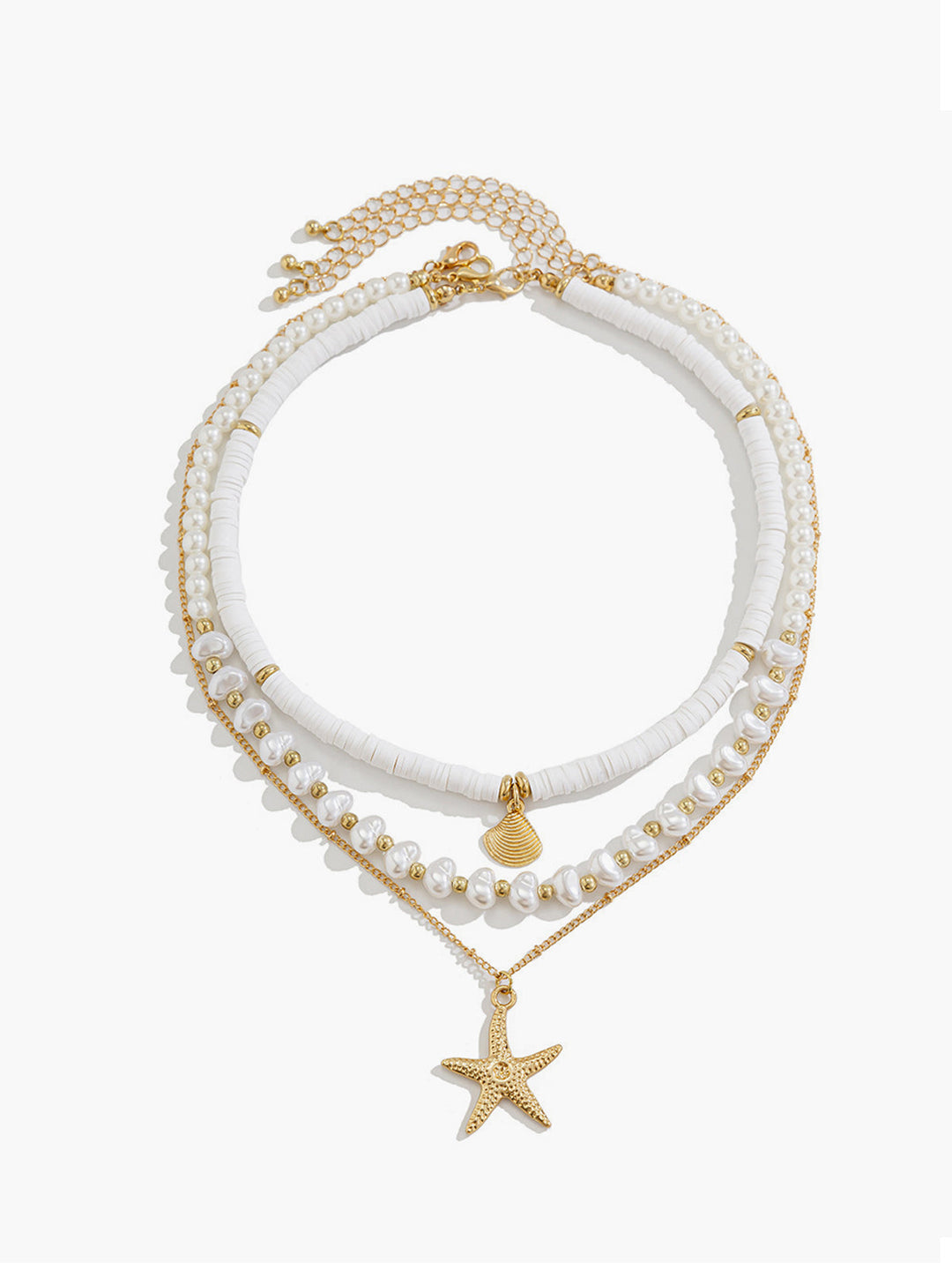 Multilayer pearl & shell necklace with starfish pendant – beach jewelry