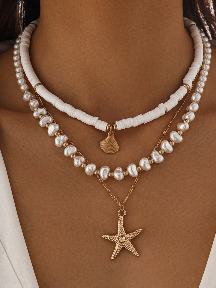 Multilayer pearl & shell necklace with starfish pendant – beach jewelry