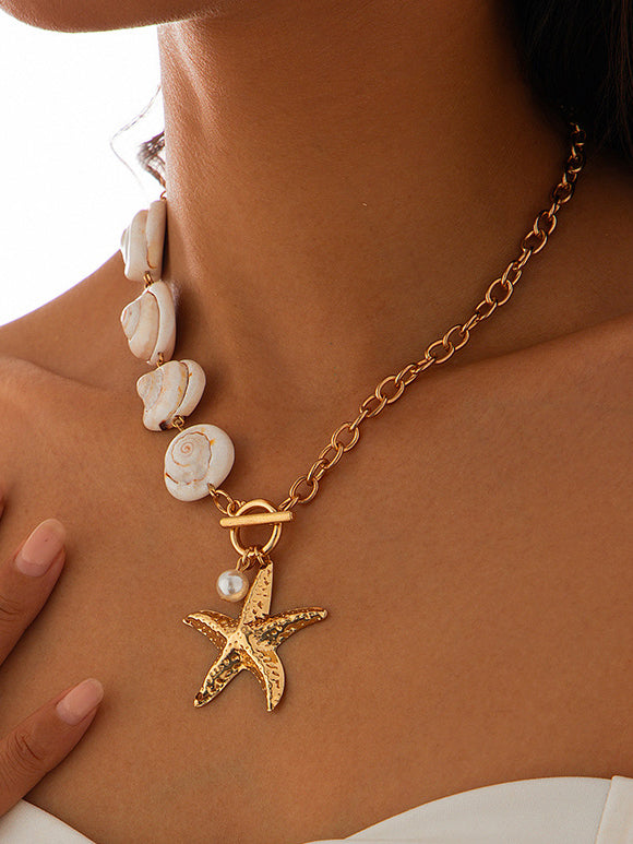 Shell & Starfish Pendant Necklace – Gold Plated, Waterproof, Hypoallergenic