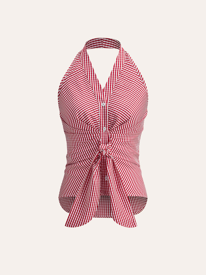 Striped Halter Top Women – Summer Crop Top with V-Neckline