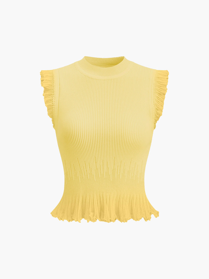 Ribbed Crop Top with Ruffles – Beige – Summer Women's Top