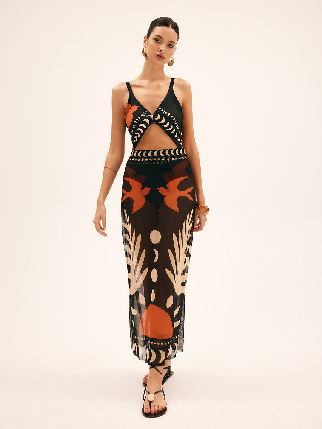 Airy maxi skirt with bird print – mesh beach cover-up