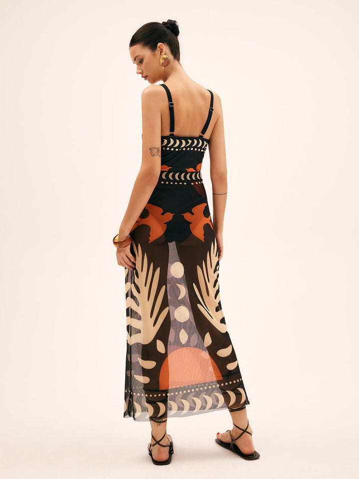 Airy maxi skirt with bird print – mesh beach cover-up