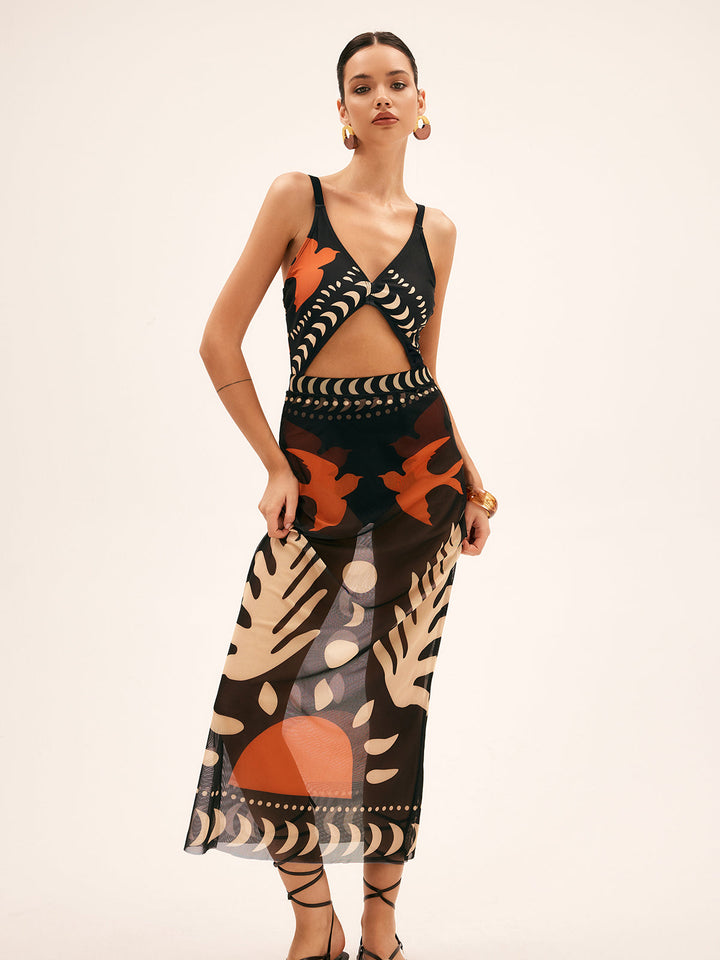 Airy maxi skirt with bird print – mesh beach cover-up