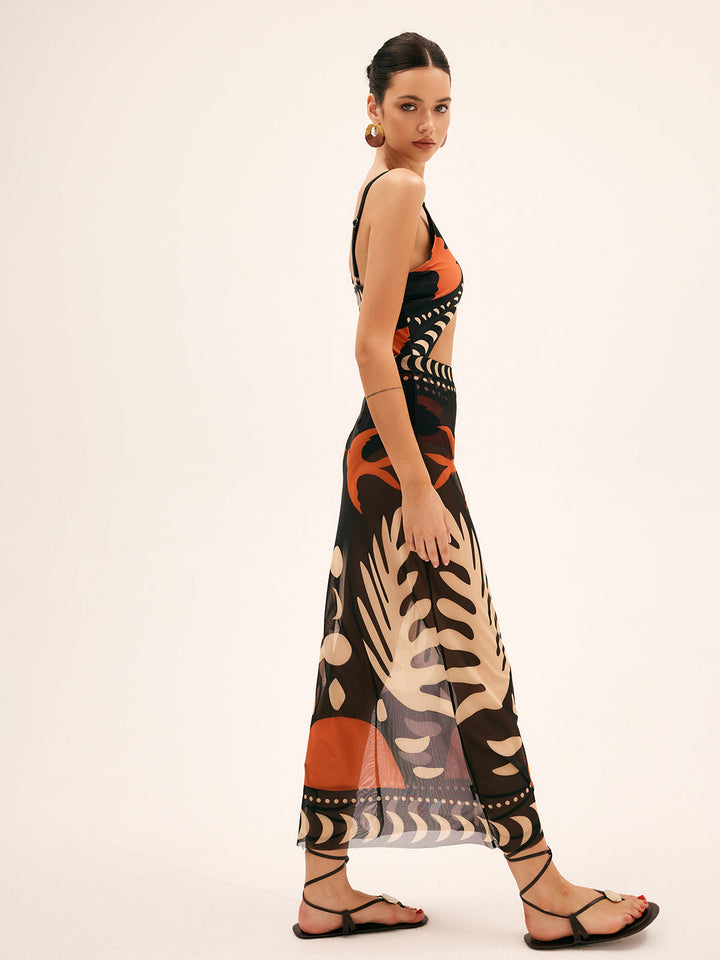 Airy maxi skirt with bird print – mesh beach cover-up