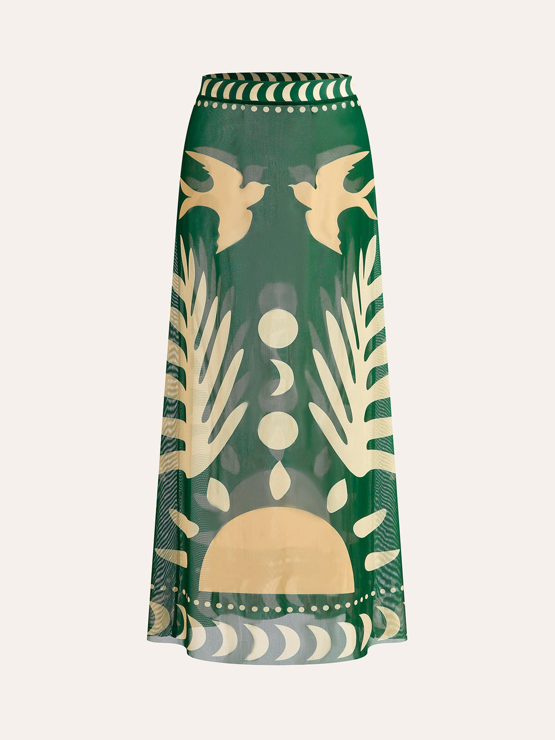 Airy maxi skirt with bird print – mesh beach cover-up