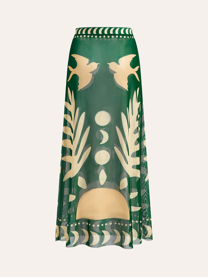 Airy maxi skirt with bird print – mesh beach cover-up