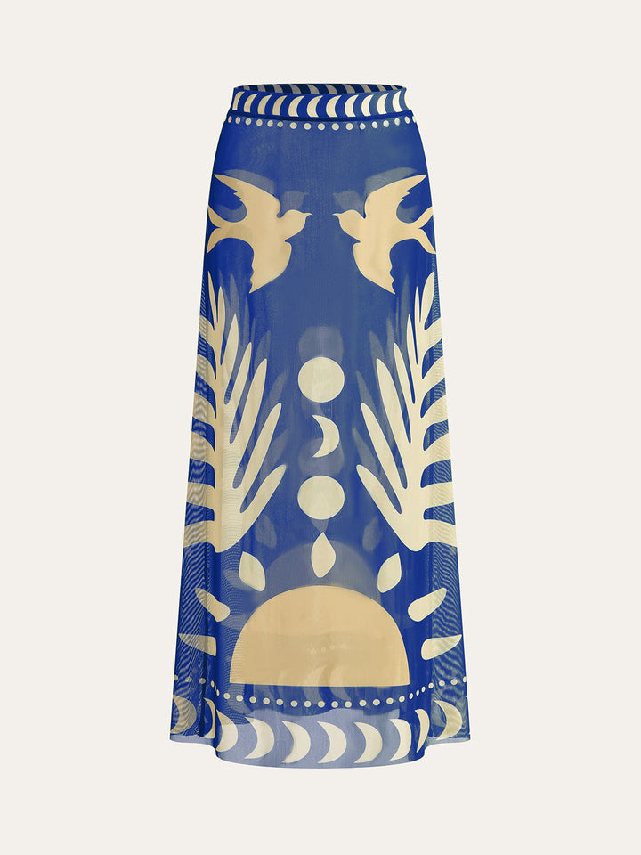 Airy maxi skirt with bird print – mesh beach cover-up