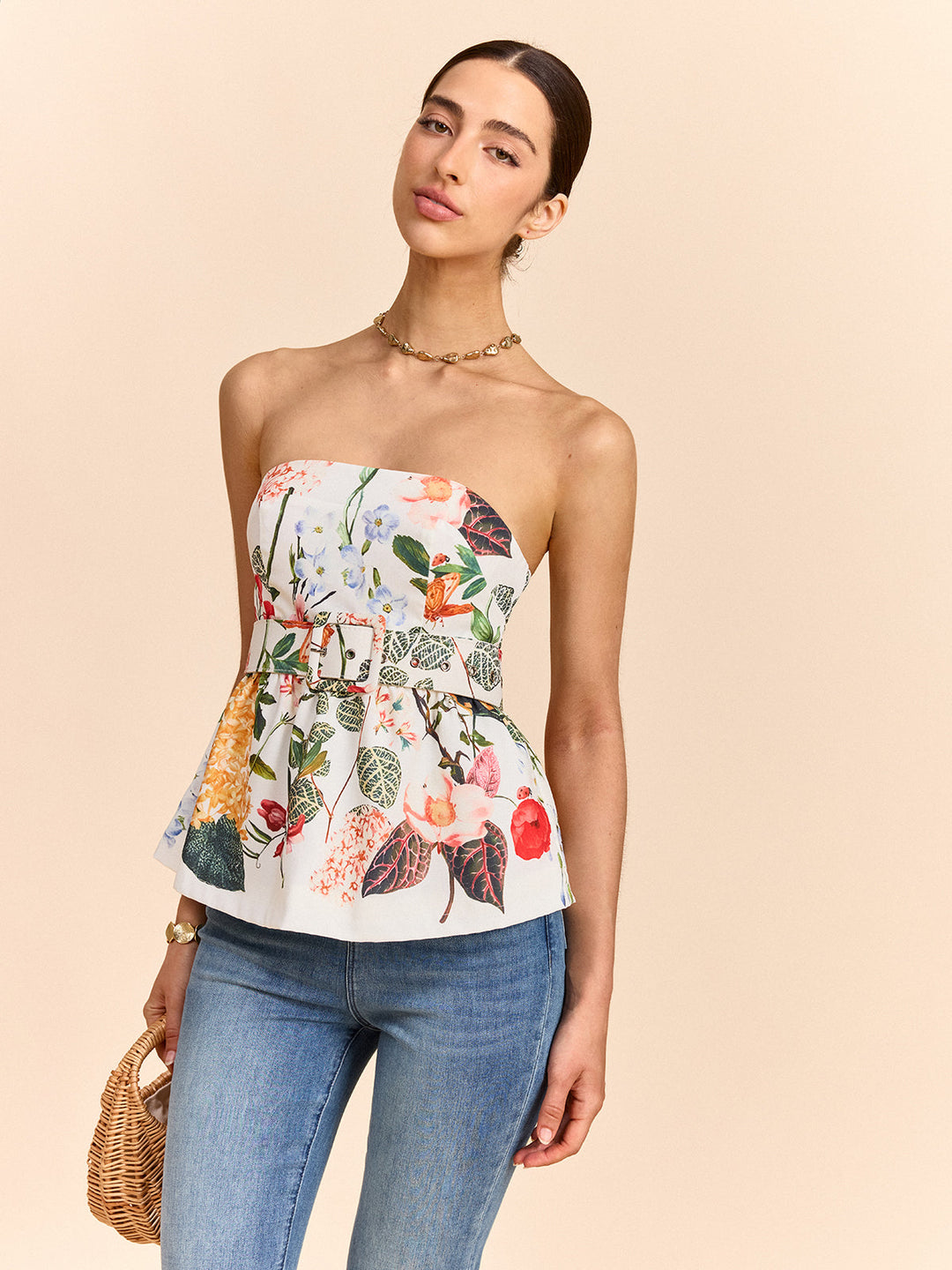 Off-shoulder floral peplum top with belt – summer blouse