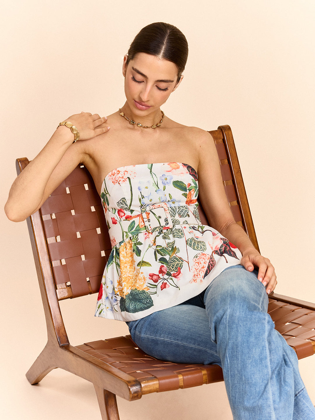 Off-shoulder floral peplum top with belt – summer blouse