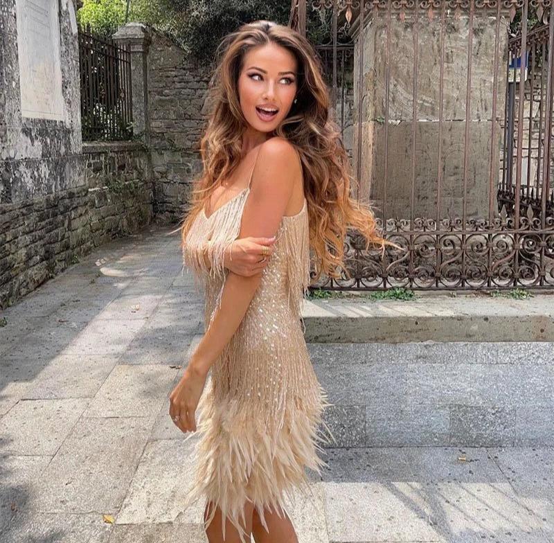 Luxe mini dress with feathers – evening dress for women in white