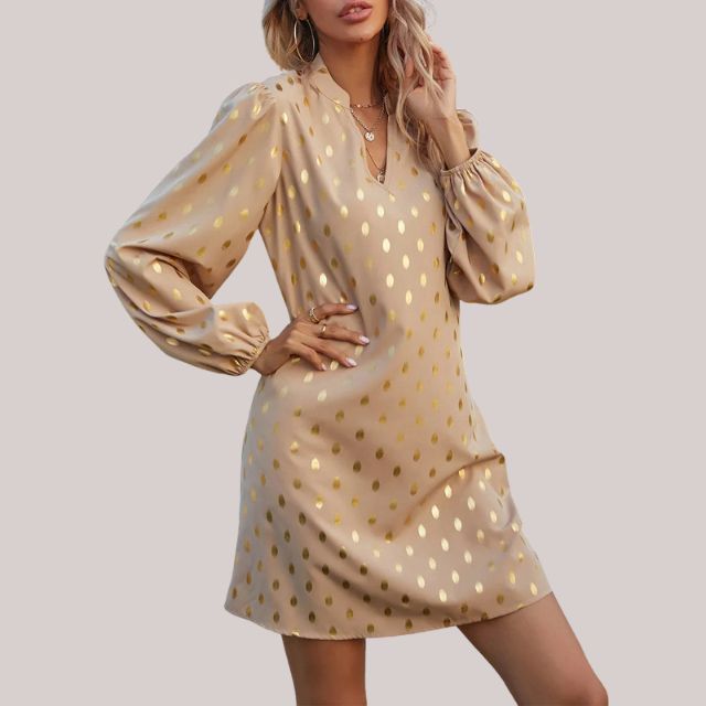 Women's satin dress with sequins and elegant cut for festive occasions