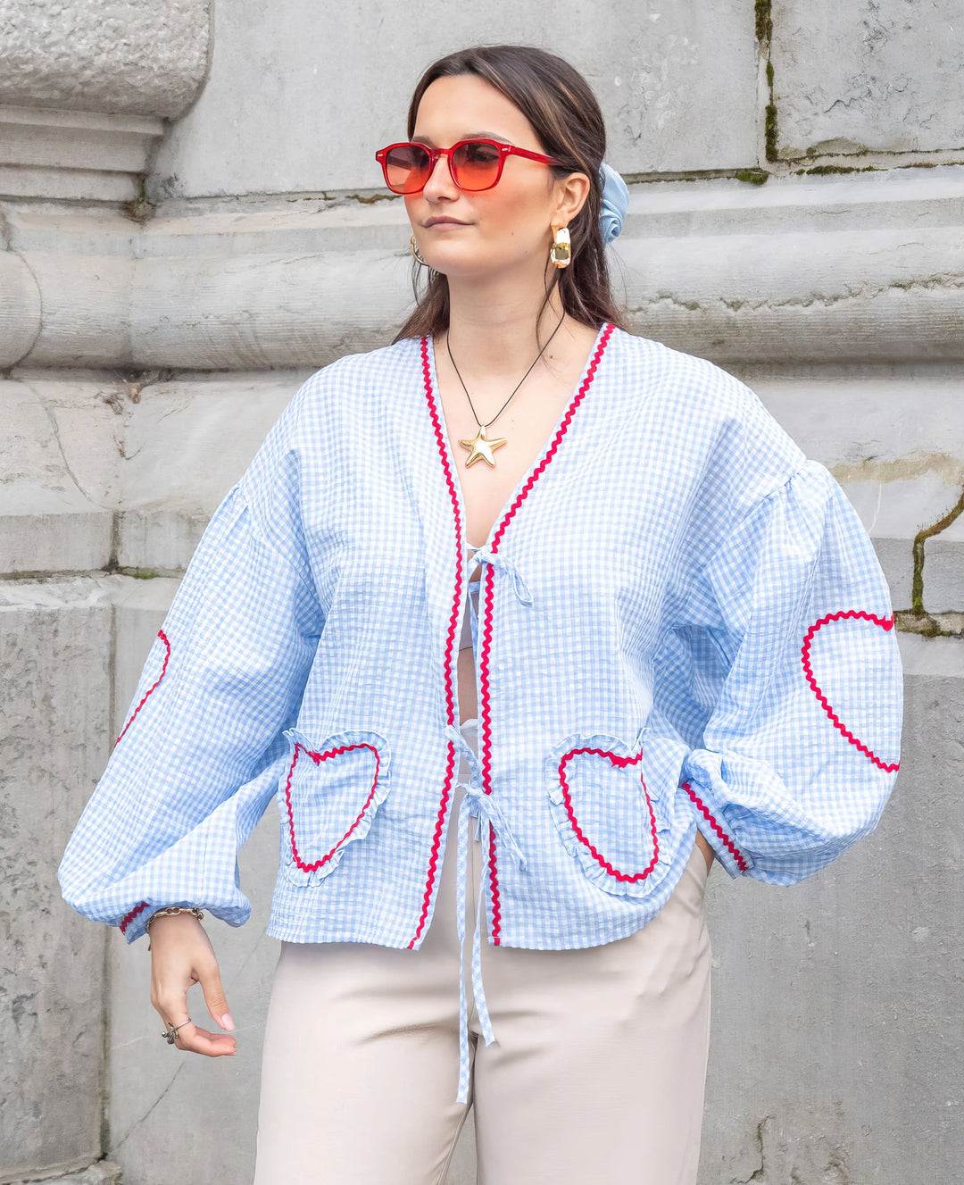 Women's Gingham Blouse – Loose Fit with Ruffles & Bow